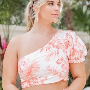 Pink Lily Summertime Blooms Orange Floral Cropped One Shoulder Blouse
